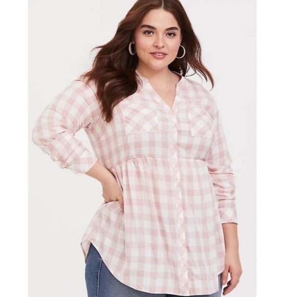 Torrid EMMA BLUSH PINK PLAID CHALLIS BABYDOLL TUNIC sz 2 2x - Picture 2 of 10